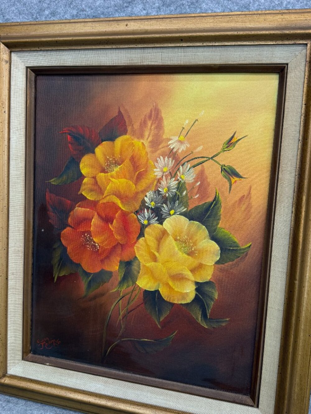 Vintage Floral Still Life Oil Painting Signed Framed Mid Century Yellow Orange - Picture 2 of 14